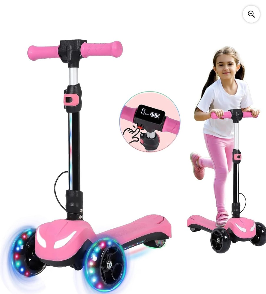 Skyhot Electric Scooter for Kids w/LCD Screen, 21V Battery & Powerful Motor, Premium Front Light and Wheel Lights/3 Adjustable Heights Scooter for Kid 4-8 Years, Thumb Throttle, Pink