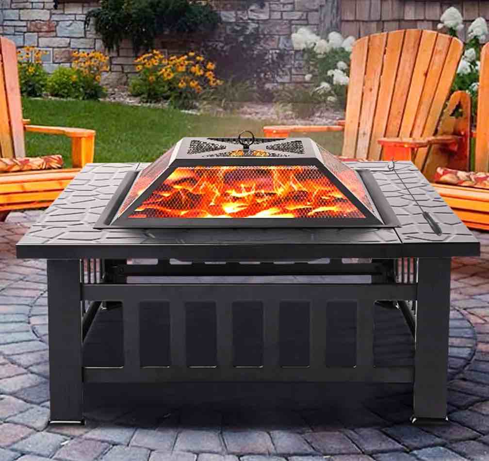 Fire Pits for Outside, 32" Wood Burning Fire Pit Tables with Screen Lid, Poker, BBQ Net, Ice Tray, Food Clip and Cover, Backyard Patio Garden Outdoor Fire Pit/Ice Pit/BBQ Fire Pit, Black