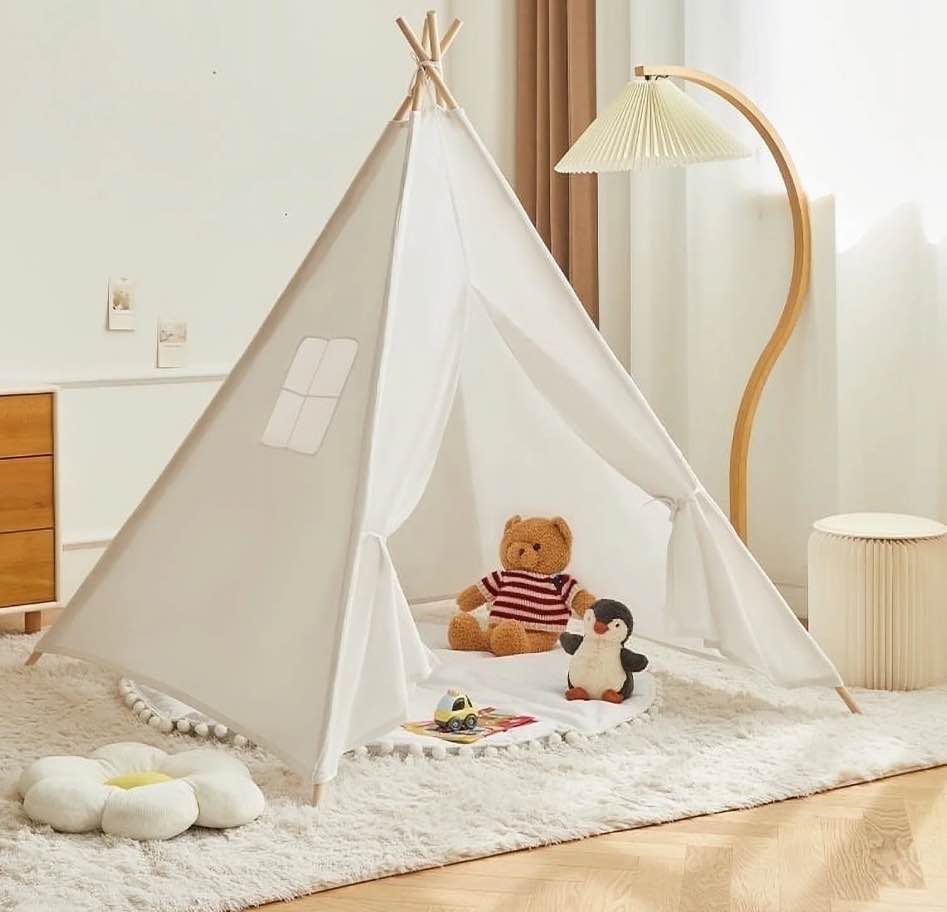 KOPPOP Kids Teepee Play Tent - Natural Cotton Canvas Foldable Indoor/Outdoor Playhouse for Toddlers Ages 2-6 (White, Boys & Girls).