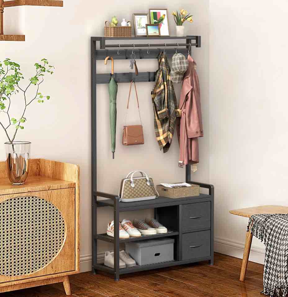 JOZ Entryway Hall Tree with Shoe Bench and Top Shelf, 5-in-1 Coat Rack with Removable 18 Hooks and 2 Drawers, for Hallway or Living Room, Black