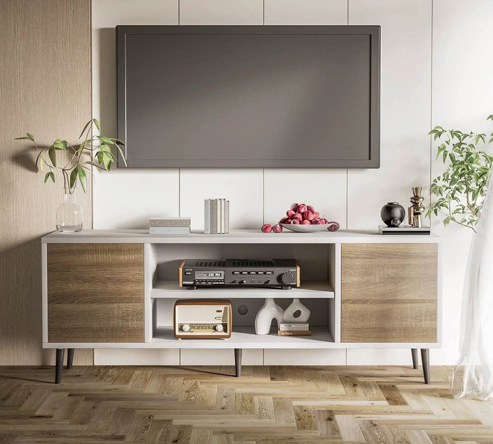 Homall 65 Inch Modern TV Stand,White&Walnut Wood Entertainment Center with Storage Drawers & Cable Management for Living Room