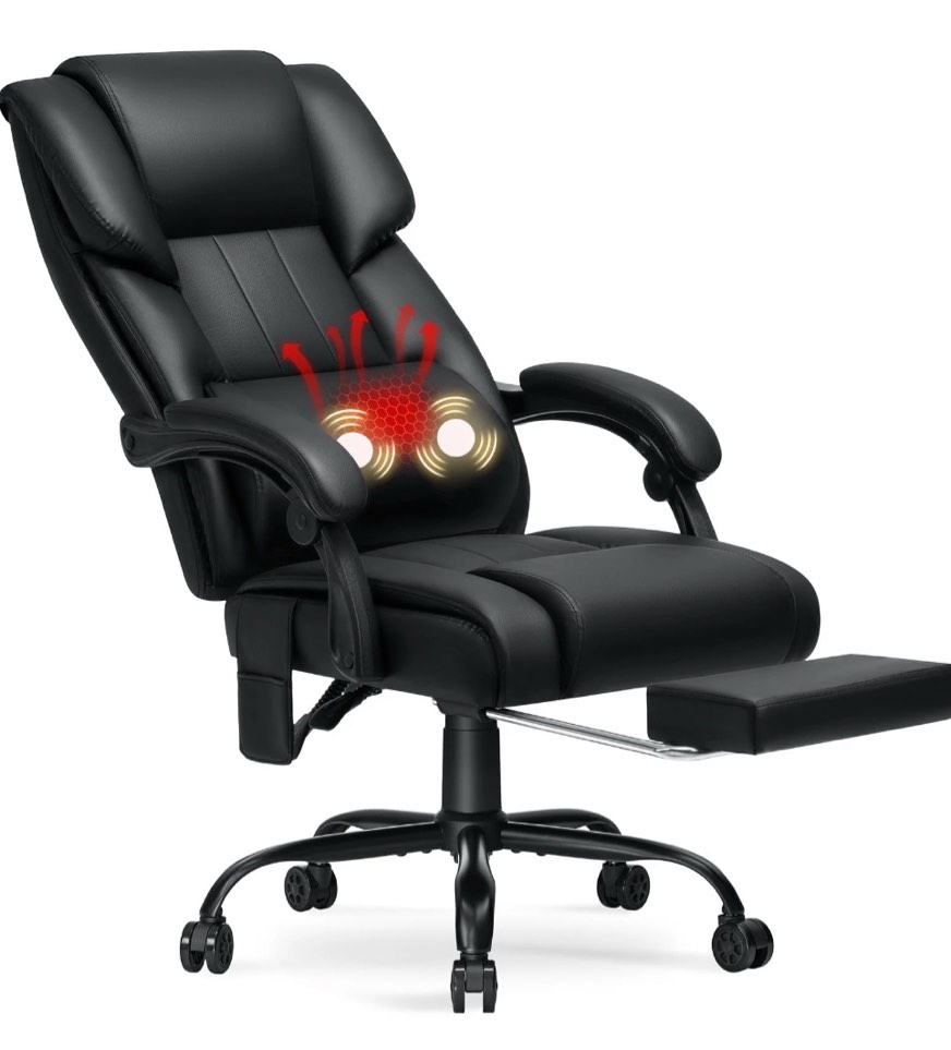 Hoffree Massage Office Chair with Heat Home Office Desk Chair with Retractable Footrest High Back Executive Leather Chair Reclining Office Chair with Lumbar Back Support for Office