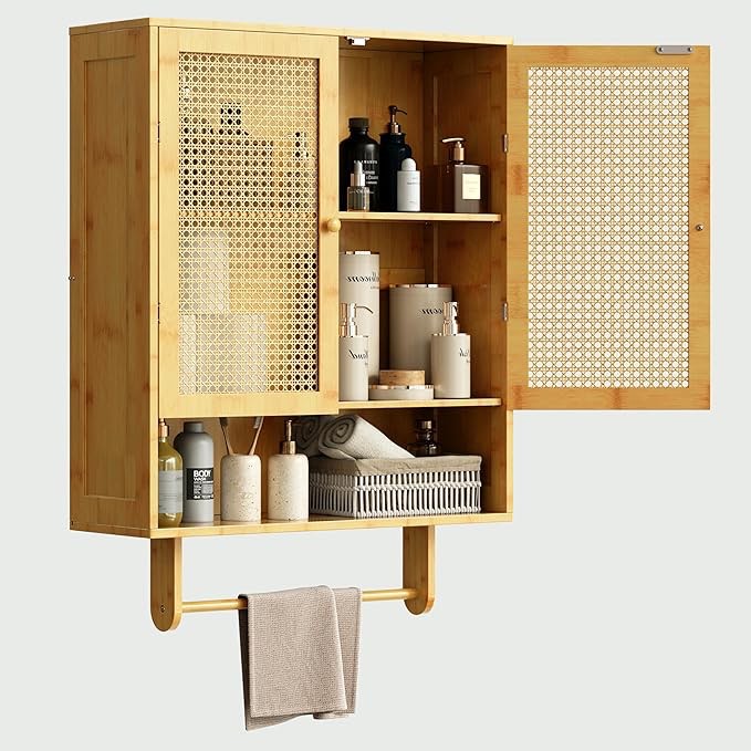 HonyQiShuo Bathroom Wall Cabinets, Bamboo Medicine Cabinets with Adjustable Shelves, Wall Mounted, Bathroom Storage Cabinet, Natural