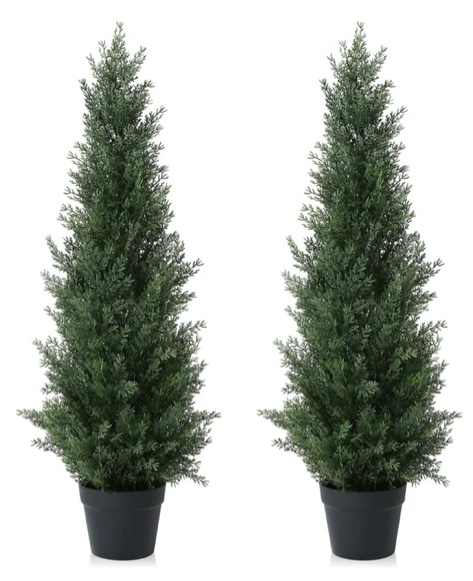 Artificial Cedar Tree 2 Pack 3 ft Outdoor Artificial Topiary Cedar Plants Fake Tree UV Rated Potted Plants for Porch Decor Faux Pine Tree for Perfect Housewarming Gift