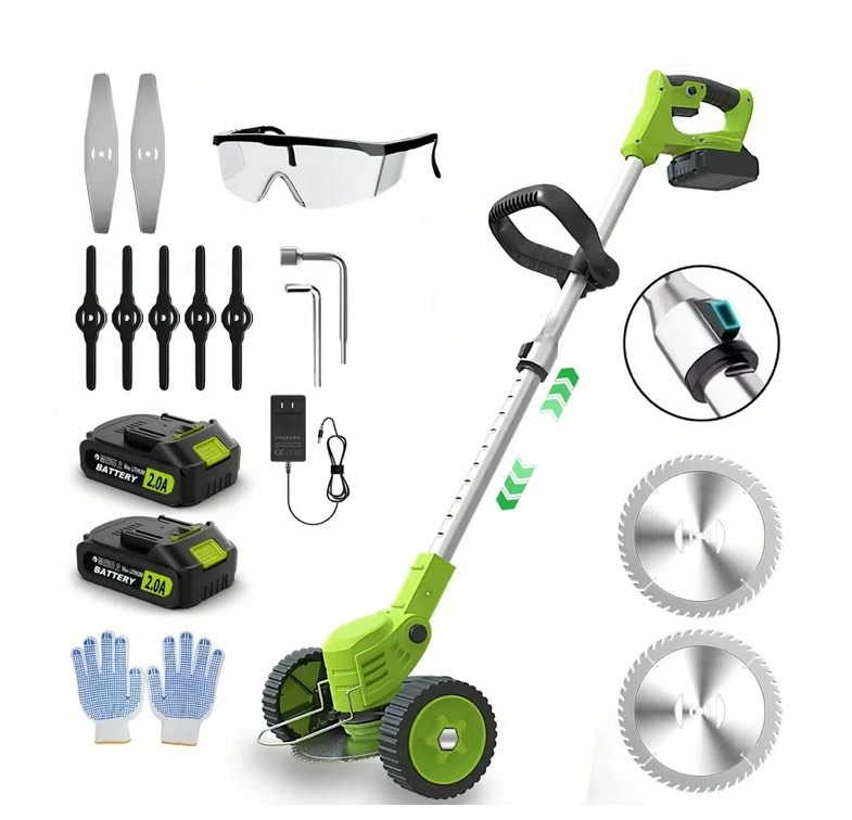 Teblint Electric Weed Wacker, Cordless String Trimmer, Weed Eater Grass Trimmer/Edger/Cutter with Wheels, 2Pcs 21V Batteries, 3 Types of Blades, Adjustable Length for Lawn Yard Garden (Green)