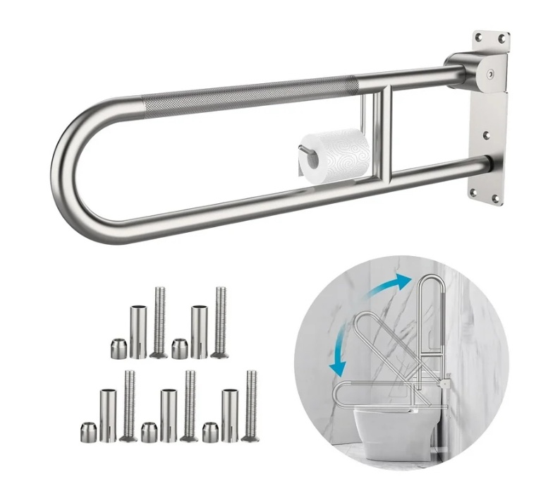 Toilet Grab Bar 30.3 Inch, ZUEXT Anti-Slip Handicap Grab Bars with Paper Holder, Flip-Up Bathroom Toilet Safety Rails, Stainless Steel Knurled Support handrails for Seniors Elderly Disabled Pregnant