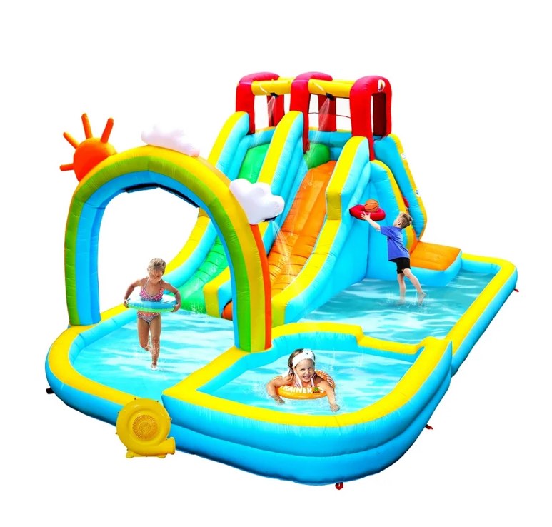 WELLFUNTIME Inflatable Water Park with Double Slides, Blower, Bounce House with Large Splash Pool
