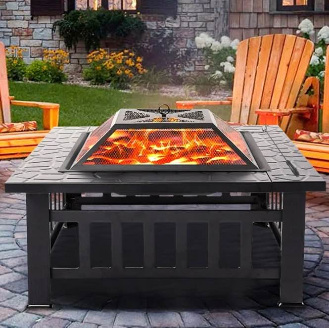 Fire Pits for Outside, 32" Wood Burning Fire Pit Tables with Screen Lid, Poker, BBQ Net, Ice Tray, Food Clip and Cover, Backyard Patio Garden Outdoor Fire Pit/Ice Pit/BBQ Fire Pit, Black