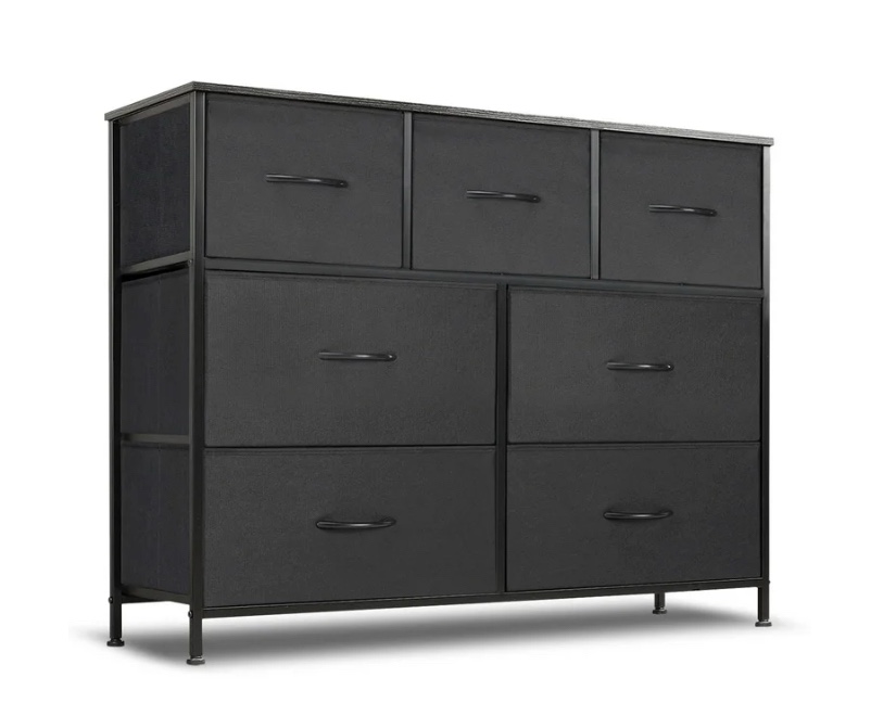 Simenmax 7 Drawer Dresser for Bedroom, Fabric Storage Dresser for Bedroom, Wood and Metal Dresser TV Stand for Living Room, Storage Tower with Bins, Chest of Drawers for Closet,