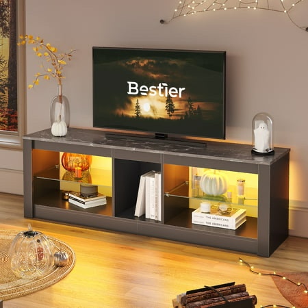 bestier tv stand entertainment center for 55 inch 60 inch tv led console table with storage shelves black marble