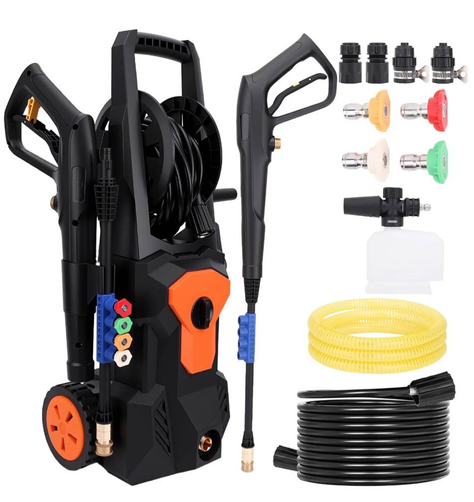 Electric Pressure Washer, 4500PSI Max 3.2 GPM 33FT Hose w/ Hose Reel , 4 Connect Nozzles Foam Cannon for Cars, Fences, Driveways, Patios, Home Cleaning