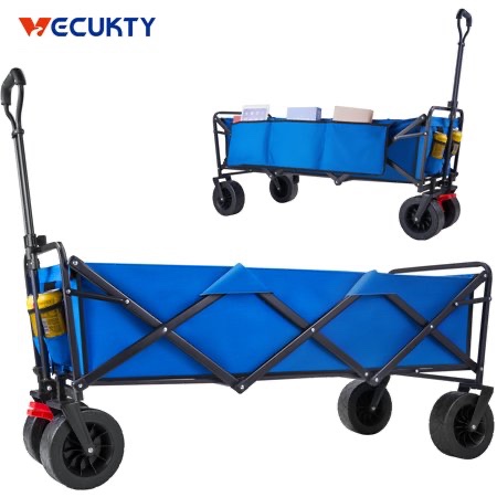 vecukty 51.2" large collapsible folding wagon cart, 560 lbs load capacity, heavy-duty steel frame & oversized wheels for grocery shopping, camping, sports, moving – blue