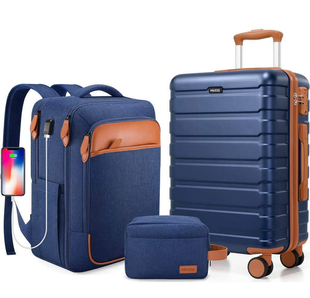 miusse carry on luggage set 3 piece hard shell luggage sets with spinner wheels tsa lock carry on with backpack set