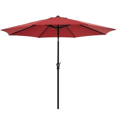 zunmos 9ft outdoor patio umbrella with push button tilt and crank handle, market umbrella with 8 sturdy umbrella ribs, uv protection, waterproof, red