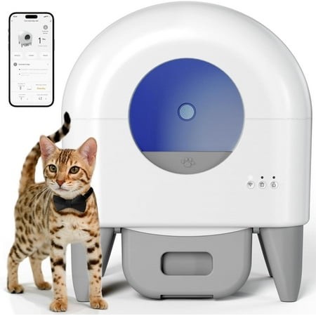 cumrige self-cleaning cat litter box, app controlled, with safety sensor, removable and washable liner