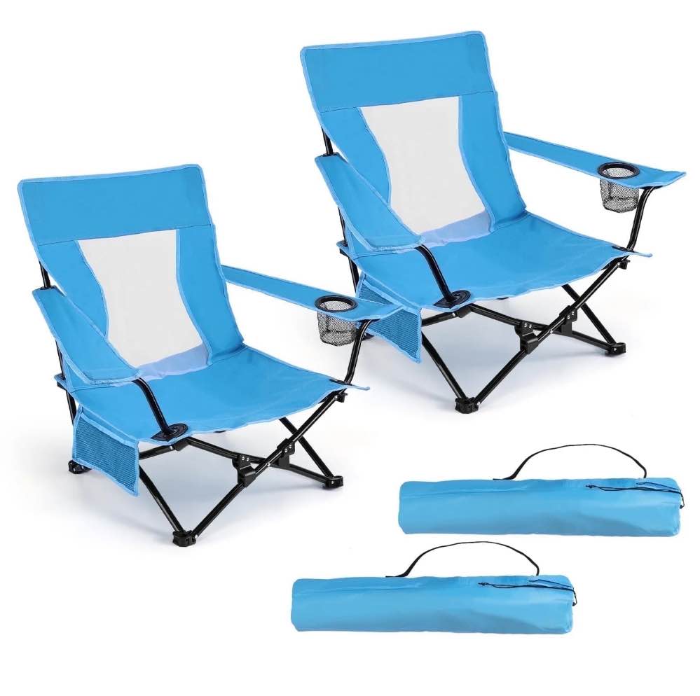 Hasteel Folding Beach Chair for Adults, Low Seat Camping Chair with High Back, Wide Seat Chair with Cup Holder & Carry Bag, Heavy Duty Portable Chair for Outdoor Picnic Travel (2 Pack of Blue)