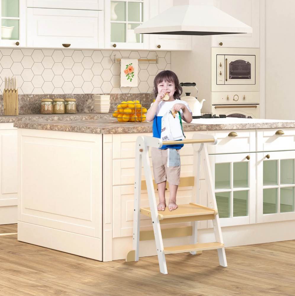 JOZ Kitchen Toddlers Step Stool, Montessori Kids Learning Stool, Foldable Toddler Tower for Counter, Standing Helper for Children, 3 Adjustable Heights, Wooden, White