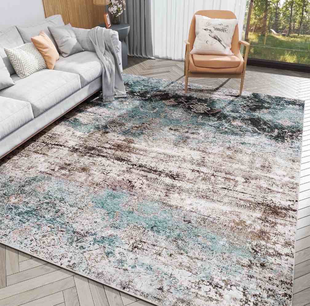 VUNATE 8'x10' Area Rugs for Living Room Machine Washable Rugs Abstract Vintage Distressed Indoor Rug Carpet Soft Lightweight Large Area Rug for Bedroom Dining Room Kitchen Foldable Nonslip Rug Teal