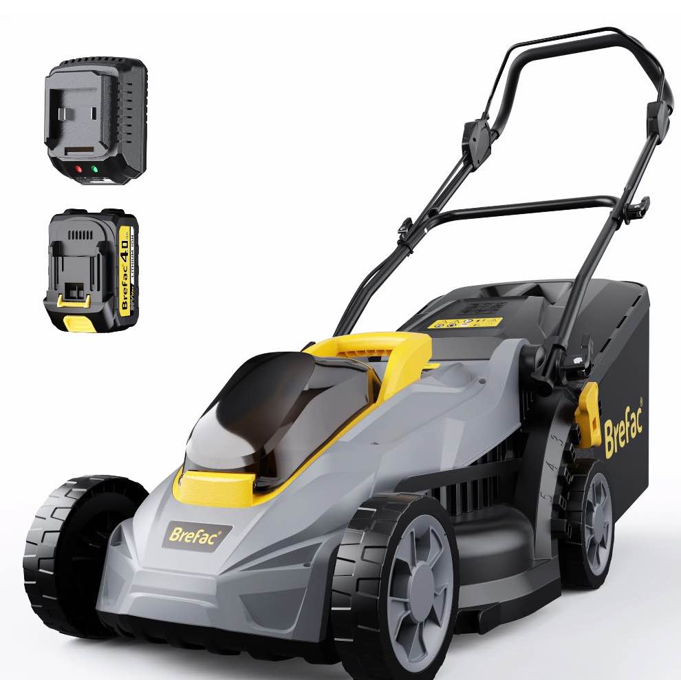 brefac 20v 13'' cordless lawn mower, multi-functional grass cutter with 4.0ah battery, 5 adjustable height settings, durable manganese steel blades, easy to use for small lawn