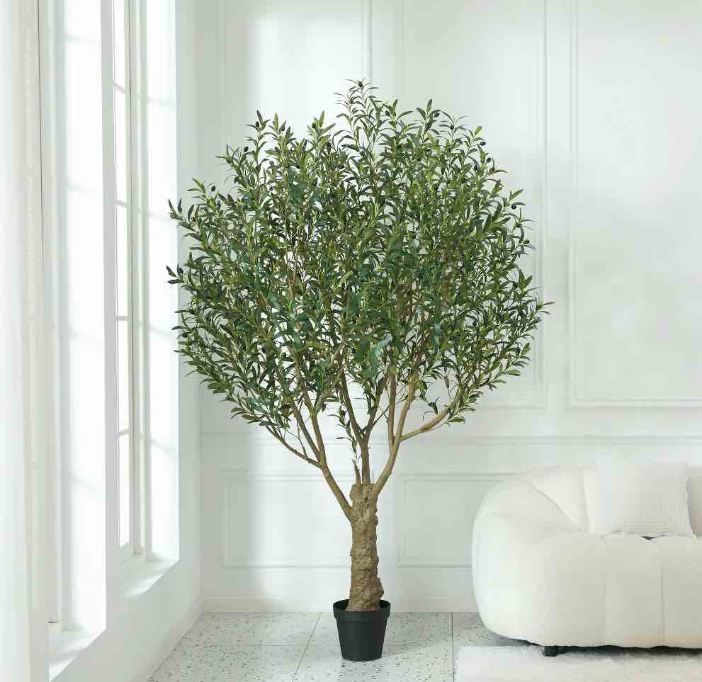 dr.planzen 8ft giant artificial olive tree, tall silk faux olive tree with massive trunk base, large uv resistant black plastic potted plant for indoor outdoor home office decor