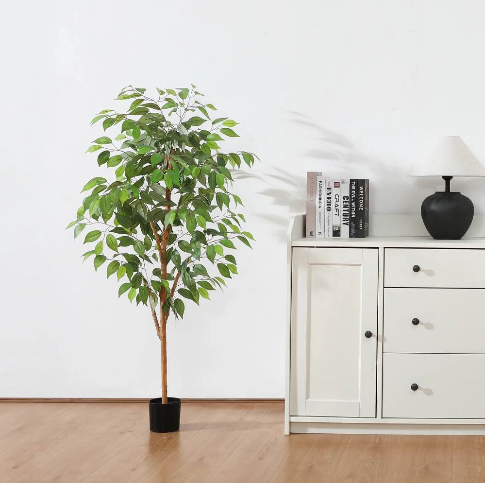 4FT Artificial Ficus Tree with Natural Wood Trunk and Lifelike Leaves, Silk Fake Potted Tree with Wood Branches, Faux Tree for Office Home Decor