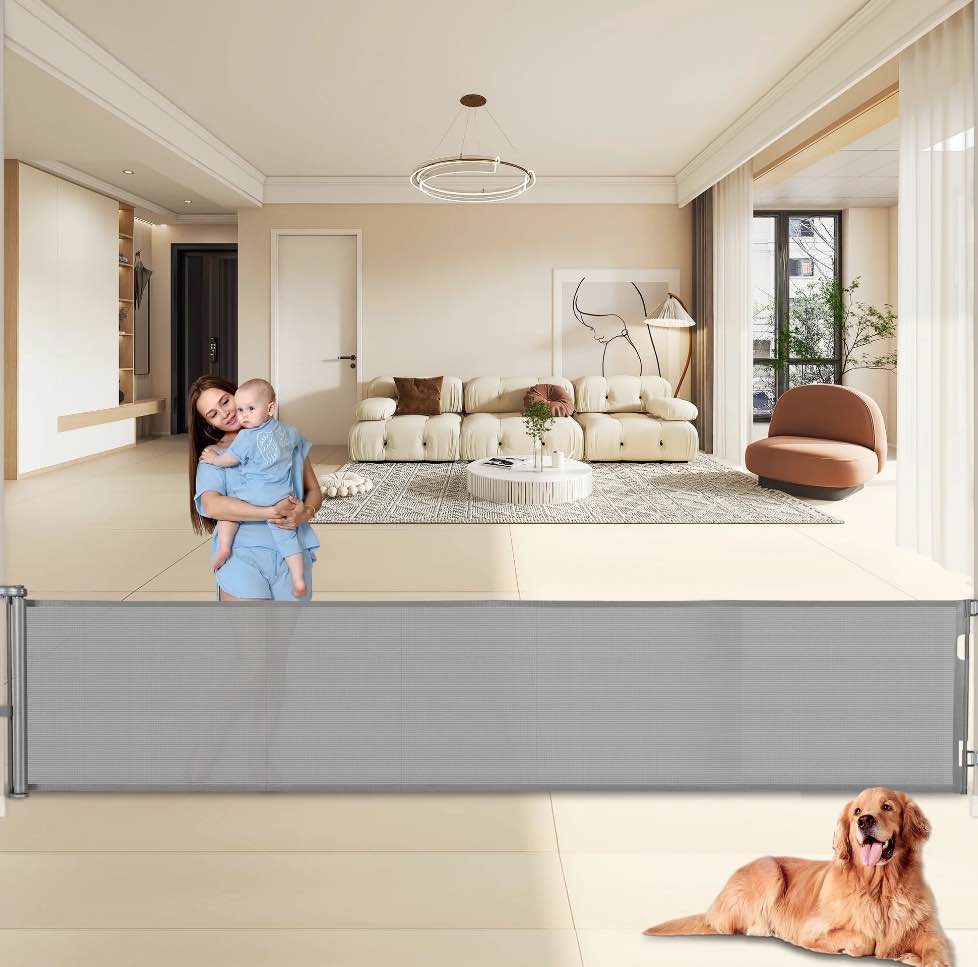 140 Inch Retractable Baby Gates, Extra Wide Baby Gates for Large Openings, Mesh Dog Gate Retractable, Safety Gates for Kids or Pets, Extra Long Baby Gates for Stairs Doorway Indoor Outdoor-Gray