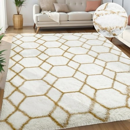 Nefoso Shag Geometric Area Rug 8ft X 10ft Soft Fluffy Area Rugs for Living Room Bedroom Decor Carpet White & Camel