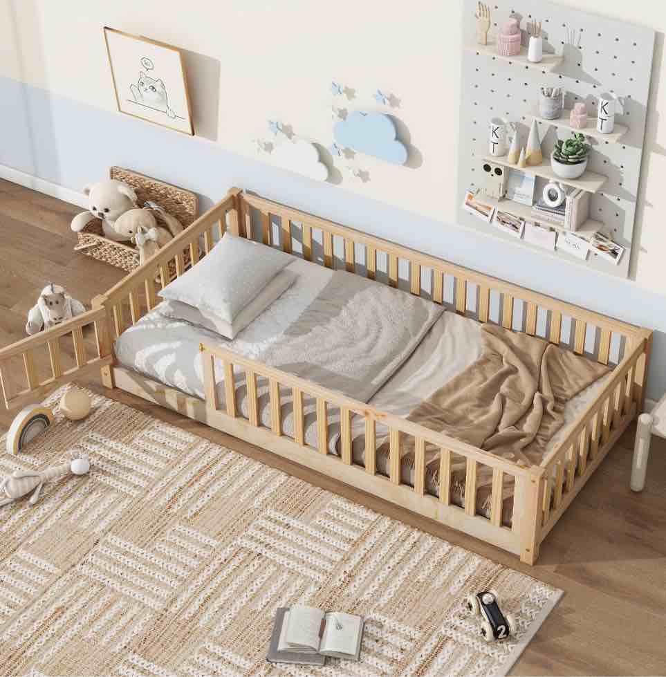 PAPROOS Twin Size Floor Bed, Solid Wood Toddler Bed with Slat, Fence Guardrail and Door, No Box Spring Needed, Montessori Bed, Twin Bed for Kids, Boys, Girls, Natural