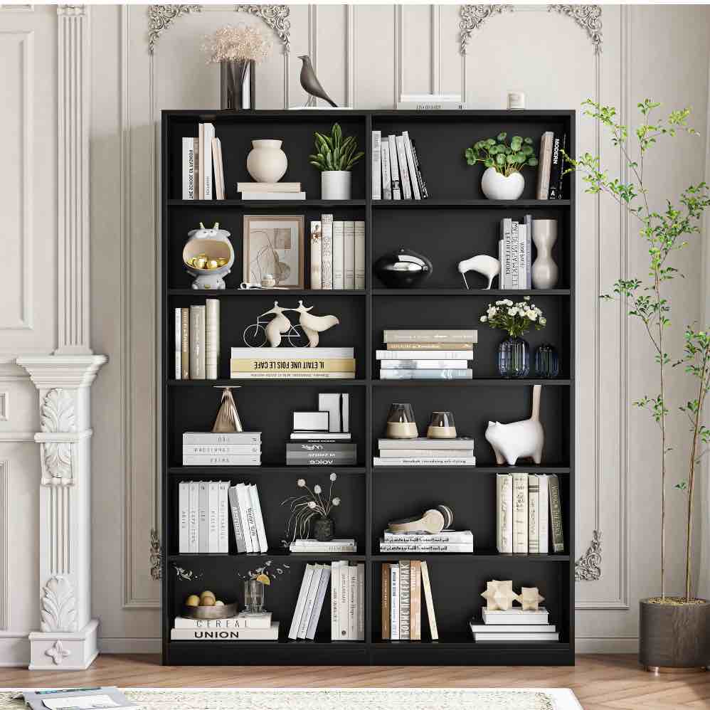 Homfa 74.3” Double Wide 6-Tier Bookcase, Extra Large Wooden Freestanding Display Bookshelf for Home Office Living Room, Black