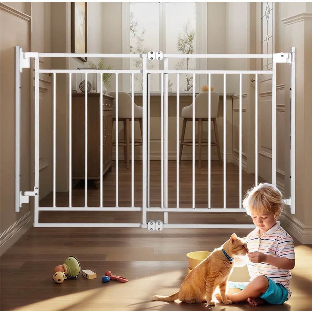 Baby Gate, Caveen No Bottom Bar Baby Safety Gate, 27.5-43" Baby Safety Gate for Ages 6 to 24 Months, White