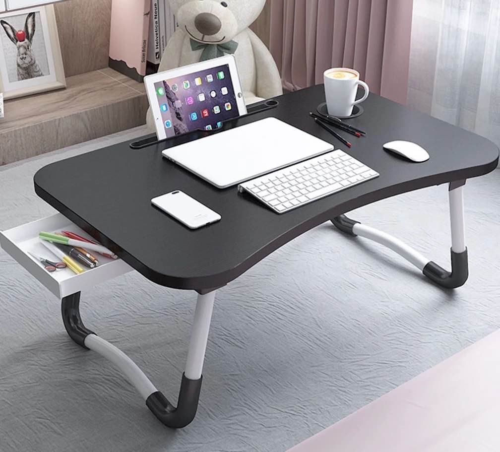PHANCIR Foldable Lap Desk 23.6 Inch Portable Wood Laptop Desk Table Workspace Organizer Bed Tray with iPad Slots Cup Holder and Drawer Anti-Slip for Working Reading Writing Eating Watching-Black