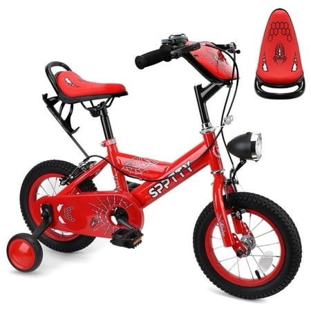 12 Inch Kids Bike with LED Lights Bikes for Boys Girls Training Wheels Fun Spider Graphics Red