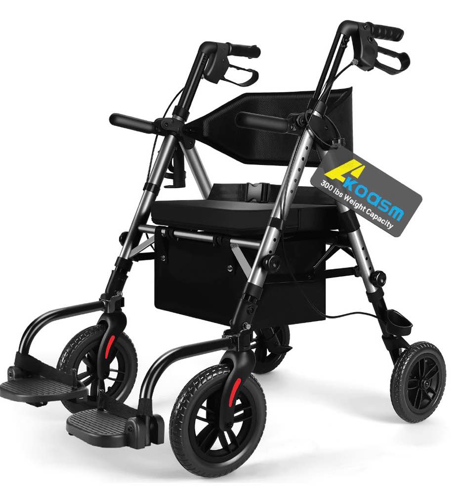 Foldable Rollator Walker for Seniors with Seat, Lightweight 2 In 1 Rolling Walkers Wheelchair Combo for Adult, Transport Chair with Brakes, Adjustable Seat and Handle, 300 Lb. Weight Capacity