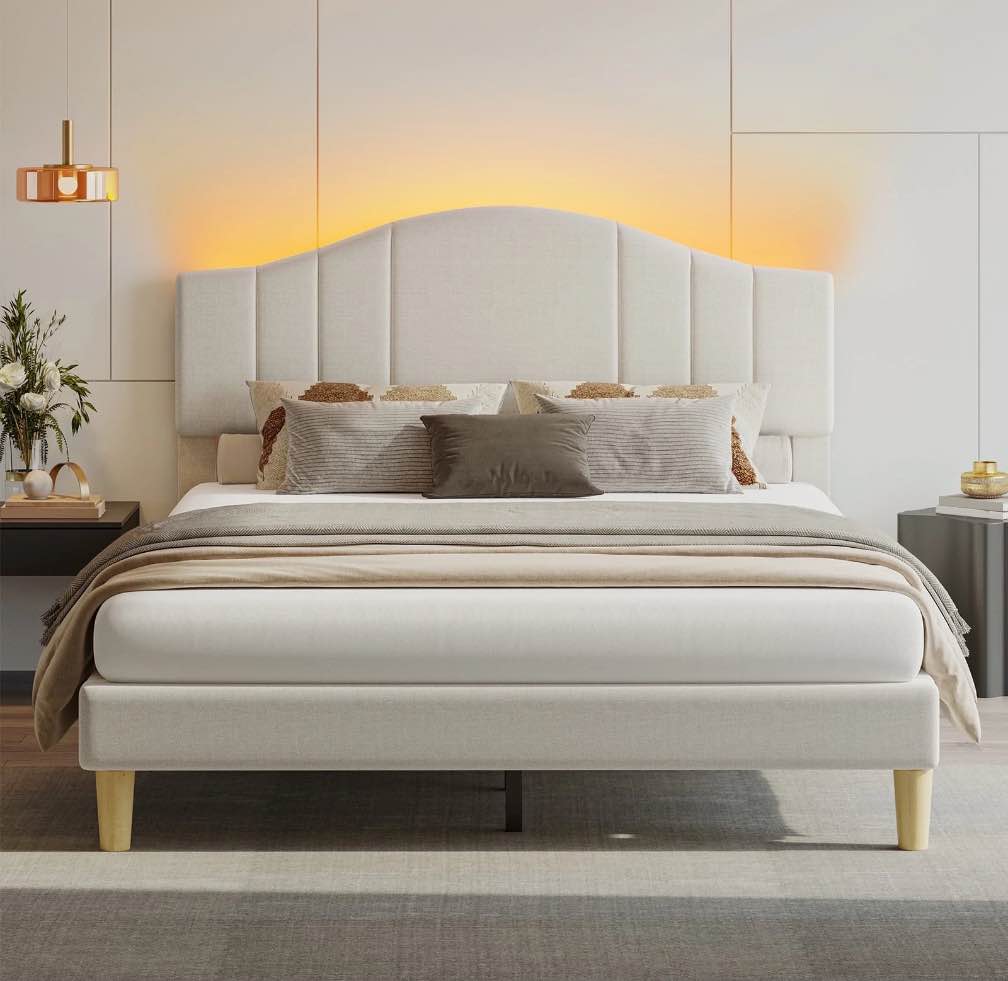 Pinmoco Full Upholstered Bed Frame with Adjustable Arc-shaped Headboard, LED Platform Bed, Fabric Beige