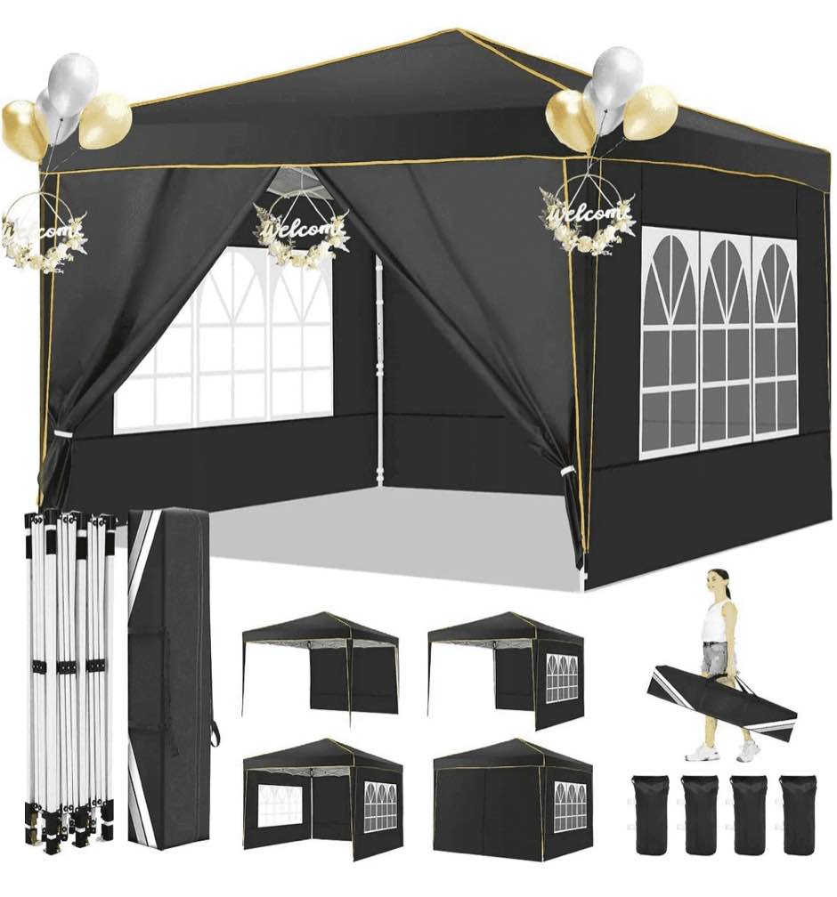 HOTEEL 10x10 Pop up Canopy with Sidewalls,Waterproof Tent for Parties Wedding Event,Instant Outdoor Gazebos with Carry Bag,Stakes,Ropes & Sandbags,Black