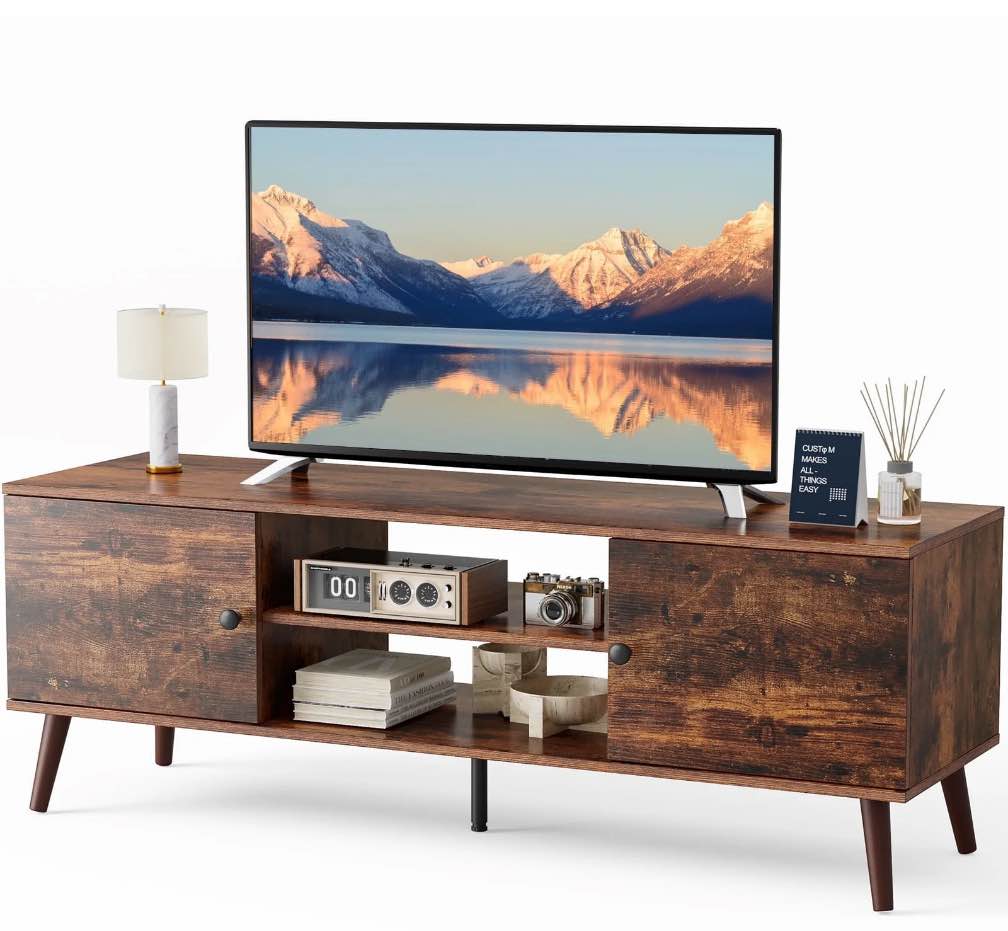 edx Modern TV Stand for 55-60 inch TV, Mid Century Entertainment Centre, Media Console Table with Storage for Living Room, Office, Brown