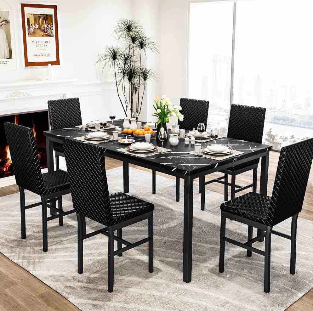 Recaceik Durable and Sturdy Construction 7 Piece Adult Modern Marble Dining Table with Chair Black