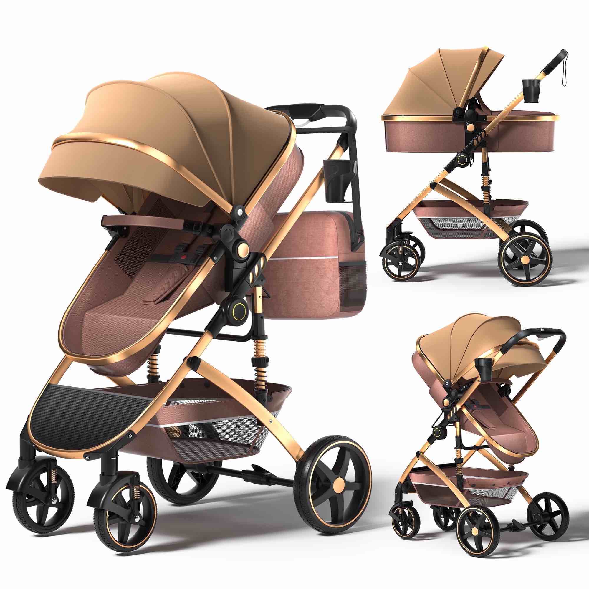 babyeap 2 in 1 Baby Stroller,Foldable Lightweight Carriage Reversible Bassinet Pram for Toddler,Travel Stroller with with Cup Holder?Storage Bag,Brown