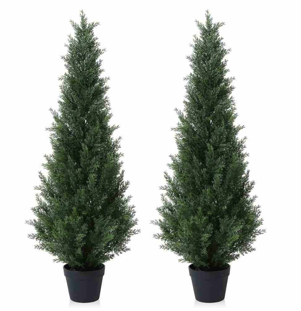 Artificial Cedar Tree 2 Pack 4 ft Outdoor Artificial Topiary Cedar Plants Fake Tree UV Rated Potted Tree for Perfect Housewarming Gift, Set of 2