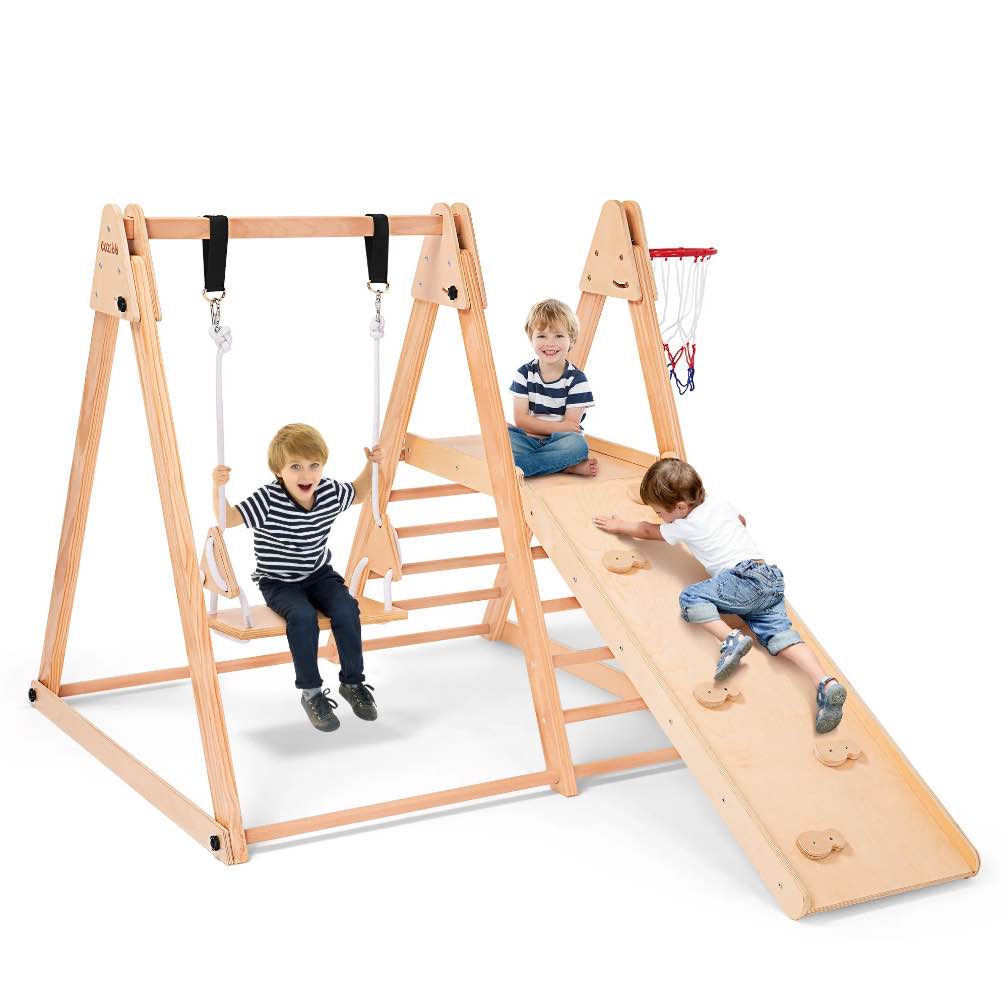 Indoor Baby Climbing Toys, 7-in-1 Playground Jungle Gym Montessori Waldorf Style Wooden Toddlers Climber Playset, Basketball Hoop, Slide, Rock Climbing Wall for Children Kids