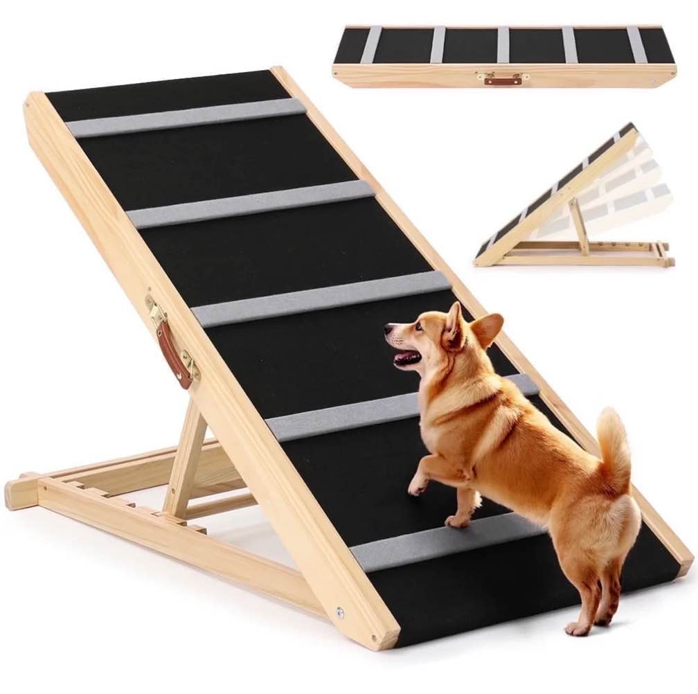 DOMIPET 17" Extra Wide Dog Ramp for Couch Bed Car, Adjustable Height Wooden Pet Ramp for Dogs Cats, Stable Foldable Pet Steps (Supports up to 200LBS)