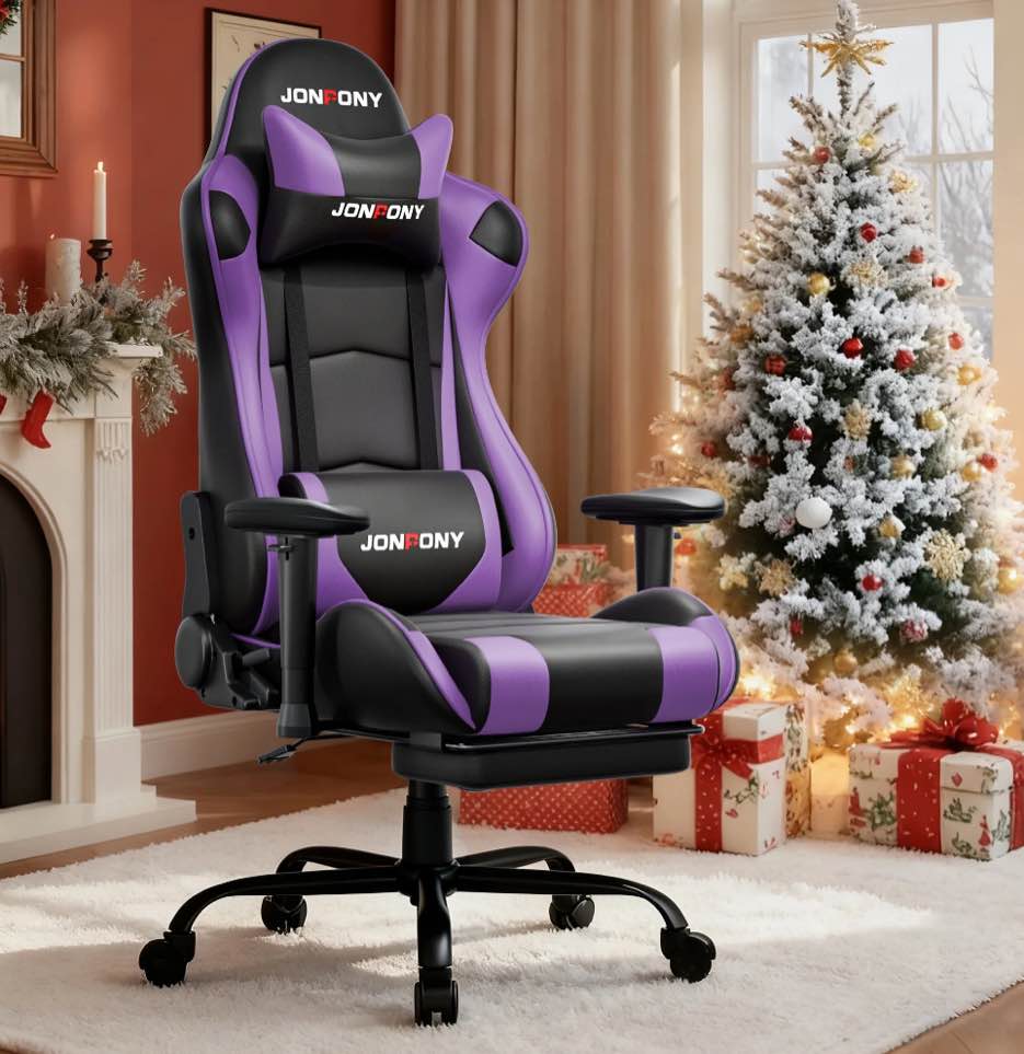 JONPONY Big and Tall 500LBS Gaming Chair, Ergonomic Design, Gamer Chair PU Leather with Footrest and Lumbar Support, High Back Office Chair Support 8 Hours Long Sitting,Purple Computer Chair,Purple