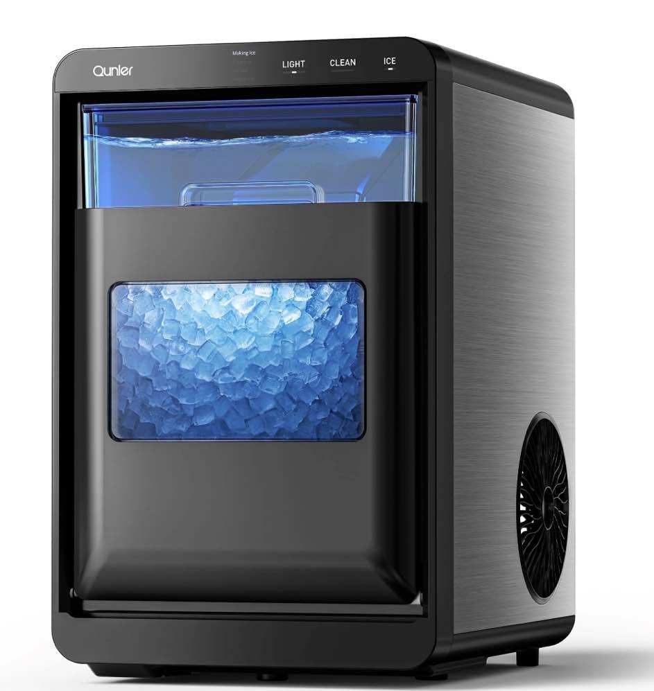 Qunler Nugget Ice Maker Countertop, 44lbs per Day Chewable Pebble Nugget Ice Machine with Touch Screen for Home, Kitchen, Office, Stainless Steel, Black