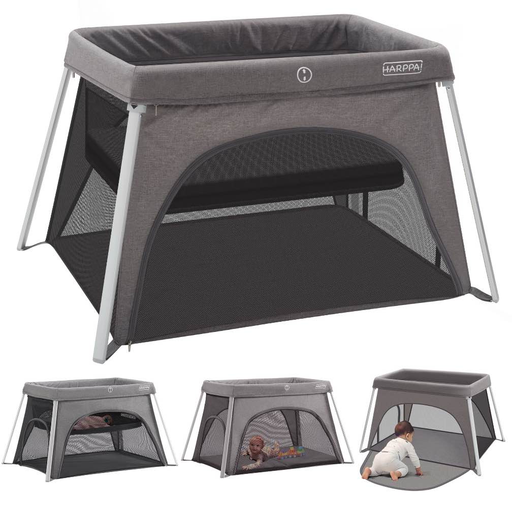 HARPPA Portable Travel Crib with Mattress, Foldable Playard for Baby and Toddler, 11lbs, Gray