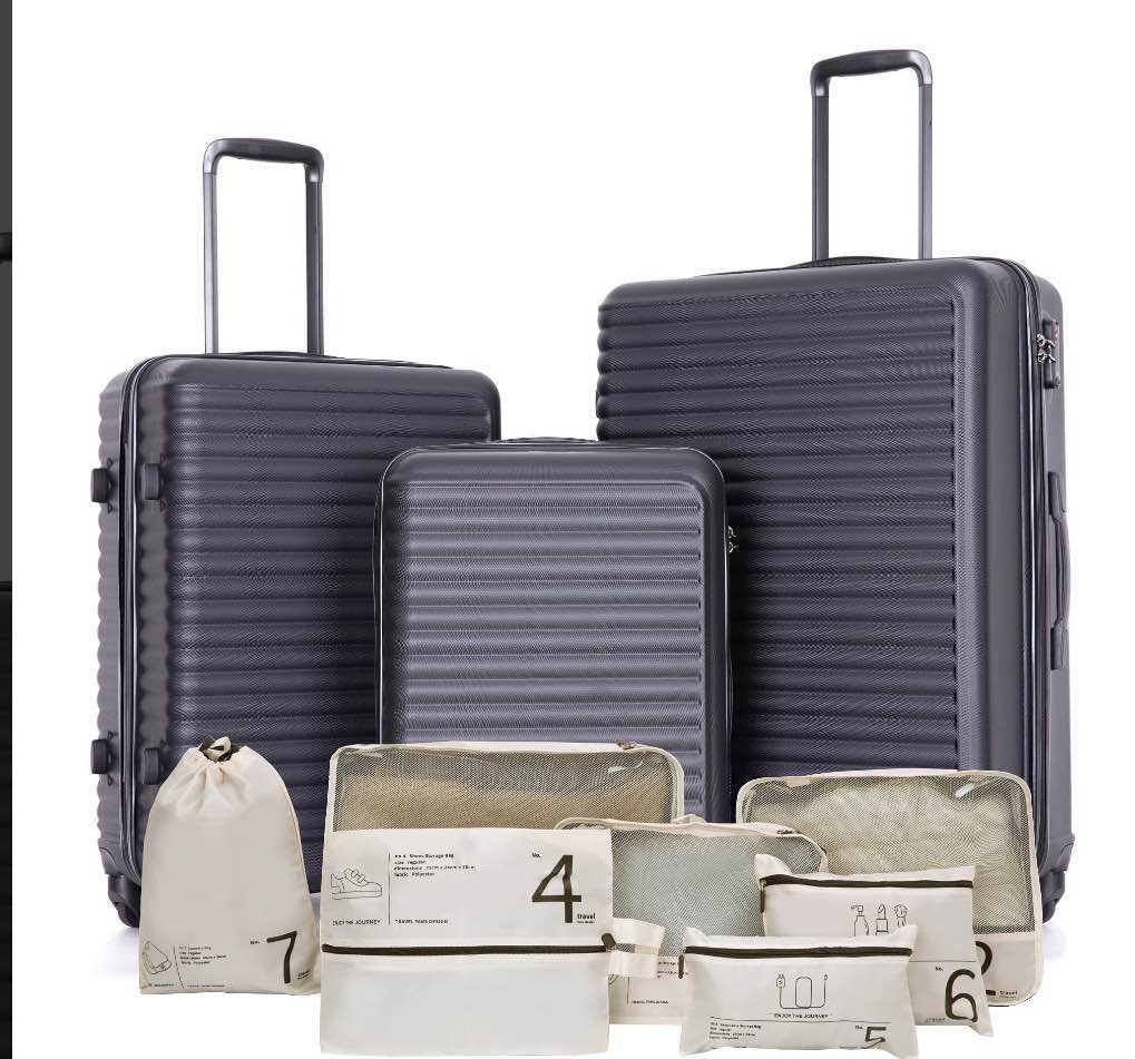 Travelhouse 3 Piece Hardside Luggage Set Hardshell Lightweight Suitcase with TSA Lock Spinner Wheels and 7 Packing Cubes.(Black)