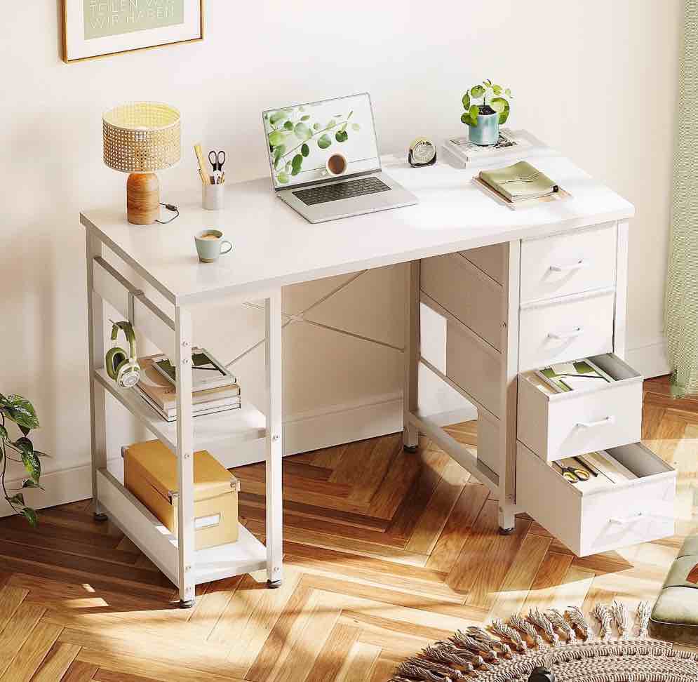 Casacomoda Computer Desk with Drawers & Storage Shelves, 40 Inch Corner Desk for Home Office Bedroom, Small Teen PC Desks with Fabric Drawer, White