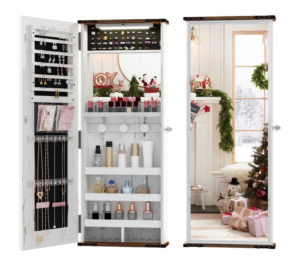 VKCC 42.5" Full Length Mirror Jewelry Cabinet, Wall Door Mounted Jewelry Armoire, Storage Organizer with Inner LED Lights, White