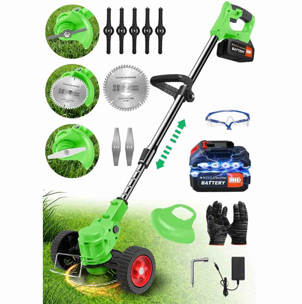 TNTANTS Weed Wacker Cordless, 3-in-1 Lightweight Electric String Trimmer with 3 Types of Blades, Wheels, 24V Battery, Weed Eater Grass Trimmer/Edger/Brush Cutter for Lawn Yard Garden (Green)