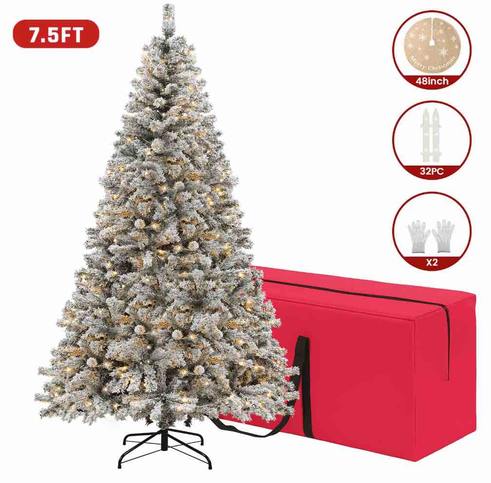 VAVSEA 7.5ft Pre Lit Snow Flocked Christmas Tree with Storage Bag, Fence, Tree Skirt, Hinged Artificial Xmas Tree with 350 Warm White Lights, 1200 Tips for Holiday Home Office Decoration