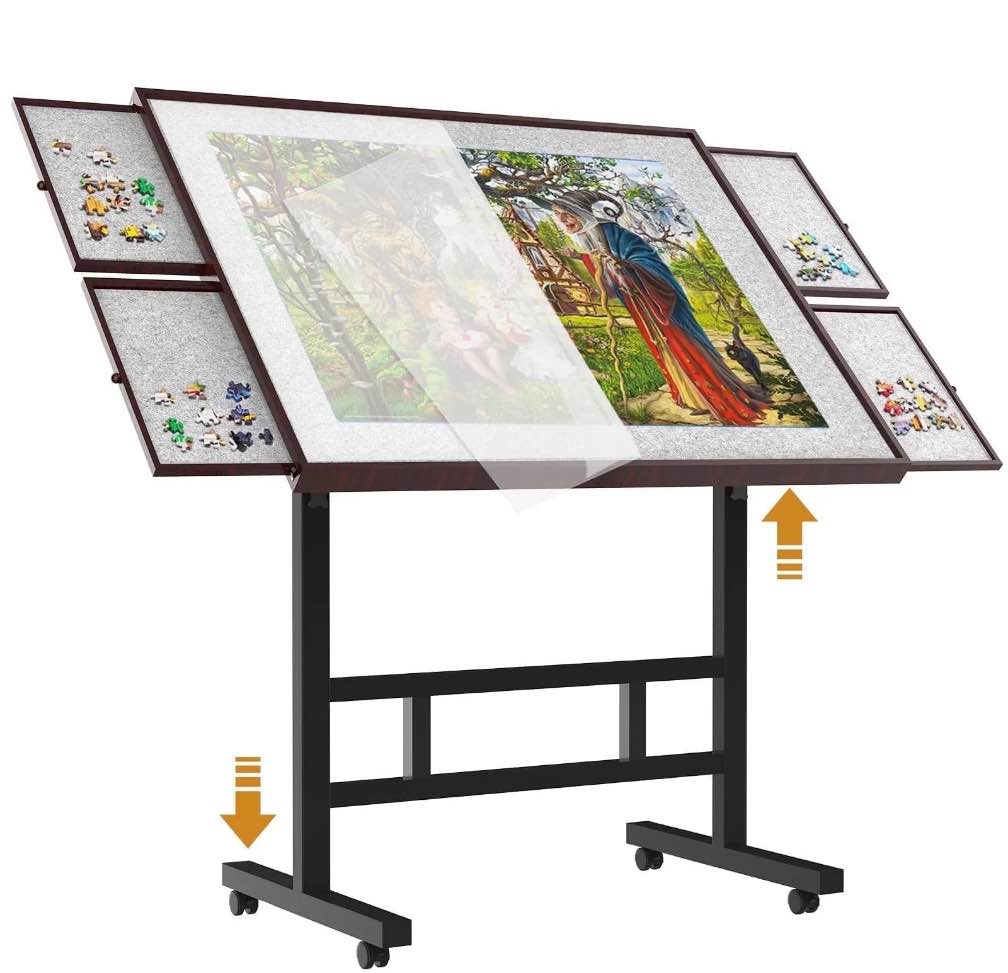 Adjustable Jigsaw Puzzle Table with Cover & Drawers, 1500-Piece Capacity, 34×26in Puzzle Board with Legs & Height Adjustment (Coffee Color)